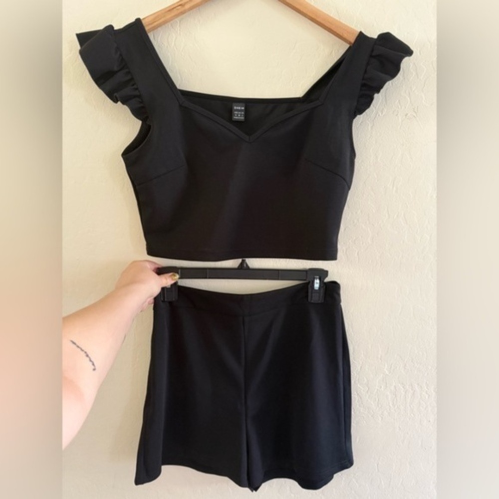 Black Ruffle Sleeve Crop Top and Shorts Set